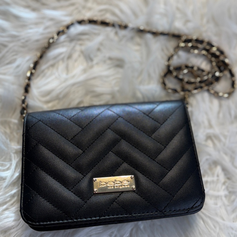 Bebe Chevron Black Mini Flap Bag Gold Chain Strap